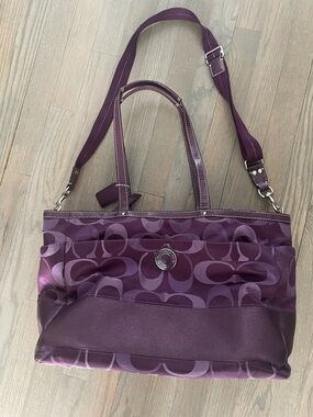 Coach Plum Signature Multifunctional Canvas Tote with Adjustable Strap
